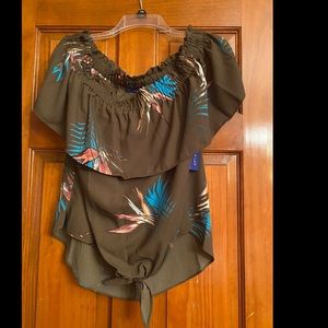 Apt 9 olive green print, off the shoulder blouse, summer print, size large